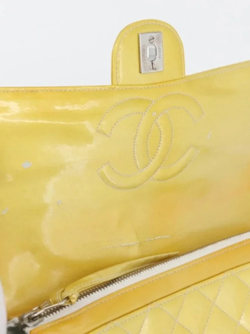 CHANEL Matelasse Backpack Patent leather Yellow Silver CC Auth 89374
